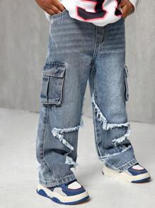 SHEIN X JIMENA & MATEO Young Boys Distressed Fashionable Star Patchwork Retro Loose Fit Blue Jeans With Cargo Pocket,For Kids Fall/Winter Daily Wear Outfits