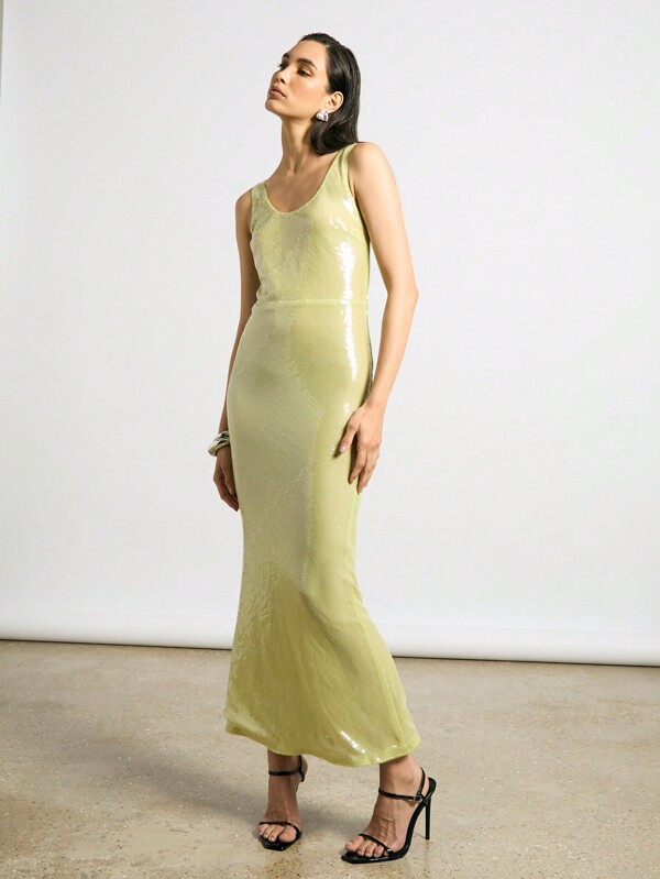 AiiRZ 华丽亮片美人鱼晚礼服，及地长款，闪亮正式派对婚礼宾客无袖亮片连衣裙，春夏款