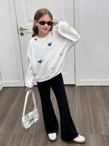 Tween Girl Casual Colorful Heart Handpainted Loose Oversized Round Neck Dropped Shoulder Hoodie And Skinny Flare Pants Set, Suitable For Home, Outdoor, And School