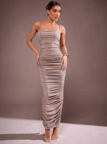 Hauture 性感褶饰围脖领吊带连衣裙 - 灰色 - 查看 1