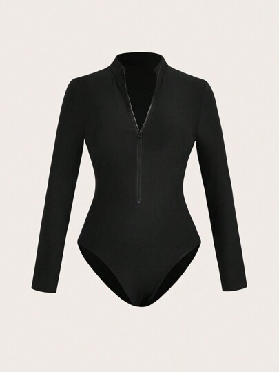 SHEIN LUNE Combinaison casual femme de couleur unie avec fermeture éclair devant, automne