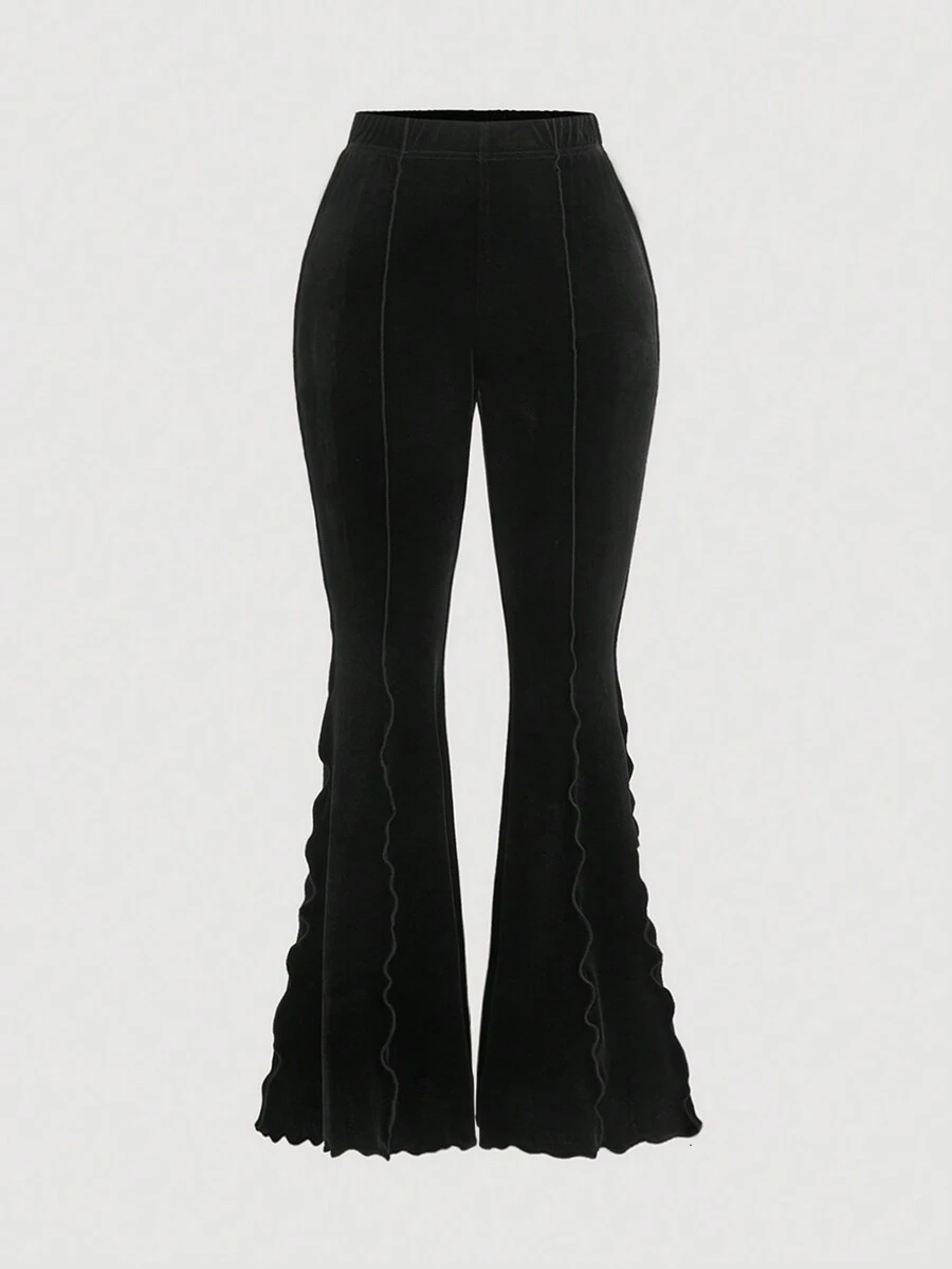 SHEIN MOD Pantalones de terciopelo negro acampanados de talle alto para mujer, pantalones negros para vestir, pantalones de otoño, pantalones para salir, leggings acampanados, sudaderas acampanadas, pantalones de vestir para mujer, pantalones acampanados para mujer, leggings acampanados para mujeres altas - Negro - Ver 1