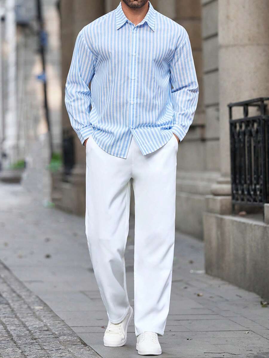 Manfinity RelaxMax Men's Stripe Shirt And Solid Color Pants Outfit, Casual Suit For Autumn