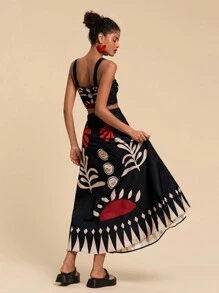 Travachic 2 Pieces Set: Figure-Hugging Print Cropped Knit Tank Top & High-Waisted Mini Skirt For Women - Black - View 2