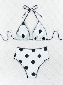 Swim Mod 女士波尔卡圆点印花高腰前系带抹胸比基尼套装夏季 - 黑與白 - 查看 5