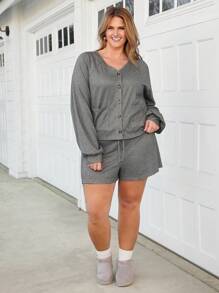 SHEIN LUNE Plus Size Women Autumn And Winter Home Casual Two-Piece Fabric Shirt Style + Shorts Fashion Casual Two-Piece Set