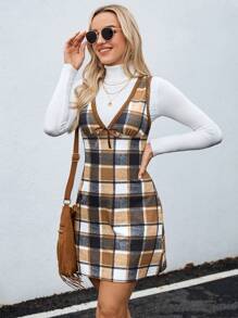 SHEIN LUNE Women's Casual Plaid Sleeveless Short Dress For Autumn