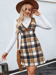 SHEIN LUNE Women's Casual Plaid Sleeveless Short Dress For Autumn