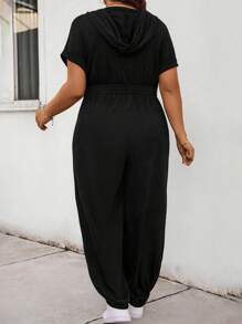 SHEIN CURVE+ Plus Size Black Hooded & Cinched Waist Jumpsuit - Black - View 2