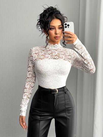 Rafferiza Women French Elegant Lace Long Sleeve T-Shirt, Minimalist Fashion Casual Everyday Wear Fall Cloth For Women