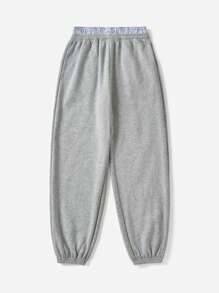 Muchica Women Double Waistband Design Drawstring Baggy Joggers Sweatpants - Grey - View 3