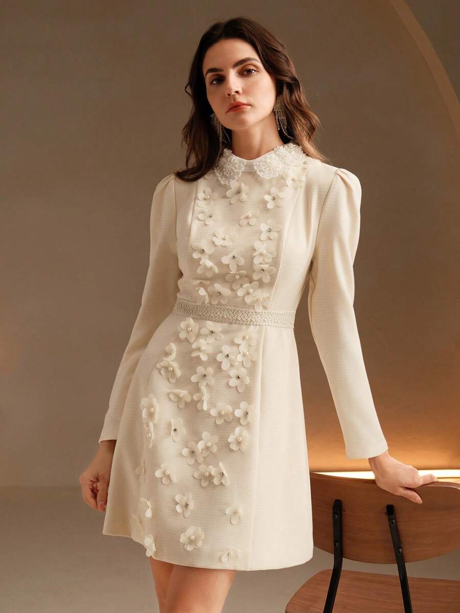 Anewsta Vestido corto de línea A de manga larga para mujeres con cuello Peter Pan, diseño de perlas en pompa, bordado y patchwork de encaje de alta gama para otoño/invierno