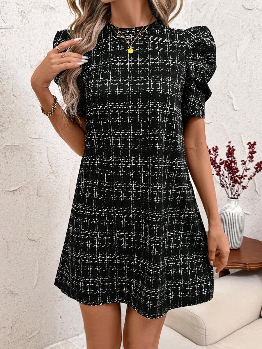 SHEIN Clasi Women's Plaid Print A-Line Dress, Comfortable And Suitable For All - Black - View 1