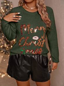 SHEIN Clasi Suéter casual de cuello redondo de manga larga con decoración de lentejuelas en letra, minimalista, talla grande