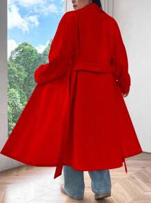 Flirla Plus Size Lapel Front Open Dropped Shoulder Belted Coat - Red - View 2