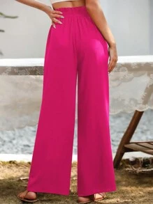SHEIN LUNE Paperbag Waist Wide Leg Pants - Hot Pink - View 2