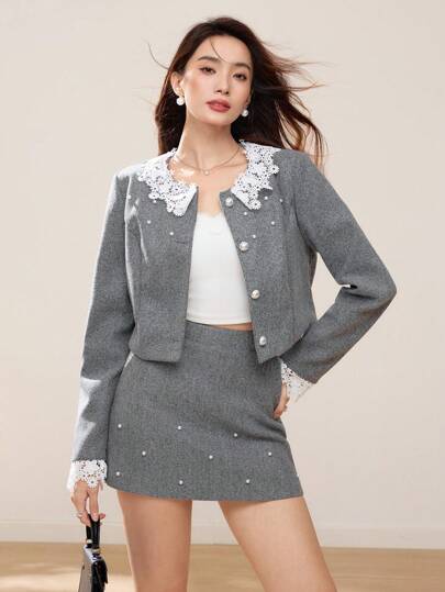 EastFlair 女士优雅蕾丝边仿珍珠花卉夹克，圣诞派对节日，韩式风格