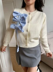 SHEIN MOD Cárdigan informal con bloques de color y decoración de lazo, otoño