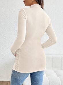 SHEIN Maternity Long Sleeve Solid Color Stand Collar Ribbed Fitted Casual T-Shirt, Autumn
