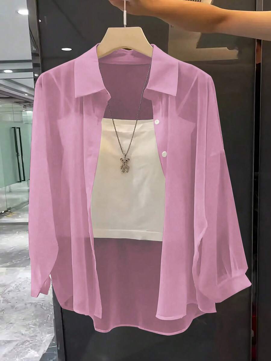 Franclia Basic Solid Translucent Collared Simple Shirt Fall Cloth For Women - Pink - View 1