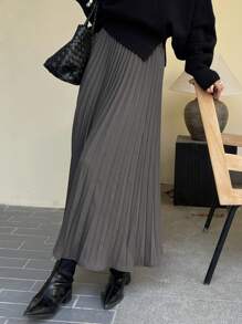 DAZY 女士休闲纯色简约A字裙，秋冬新品 - 灰色 - 查看 2