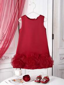 SHEIN Glamorique Kids 1 Stück Elegantesärmeloses Kleid mit großer Blumen-Schleife für Kleine Mädchen als Blumenmädchen, geeignet für Hochzeit, Party, Aufführung im Sommer. Das Kleid ist aus Satin gefertigt, dekoriert mit abnehmbarer Mädchen-Schleife und großer Blume am Saum, verkörpert Eleganz und Anmut, perfekt für Bankette und Bühnenauftritte.