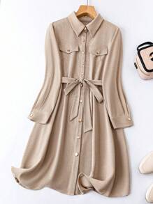 SHEIN LUNE Plus Size Casual Commuter Solid Front Button Down Shirt Dress For Autumn