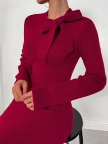 Zolique Gaun Sweater Wanita Kasual Warna Polos dengan Kerah Ikat, Cocok untuk Musim Gugur/Musim Dingin, Pakaian Tahun Baru, Pakaian Musim Gugur untuk Wanita - Merah - View 5
