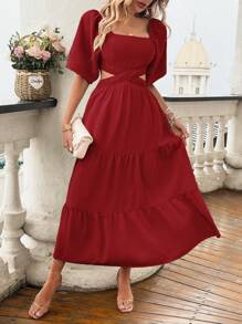 Pariaura 女士方领短袖镂空简约休闲长裙酒红色长款女装