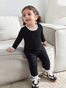 Baby Girl Matching Sets, Mom & Me, Ribbed Knit Color Block Long Sleeve Crew Neck Crop Top With Wide Leg Knit Pants - Black - View 5