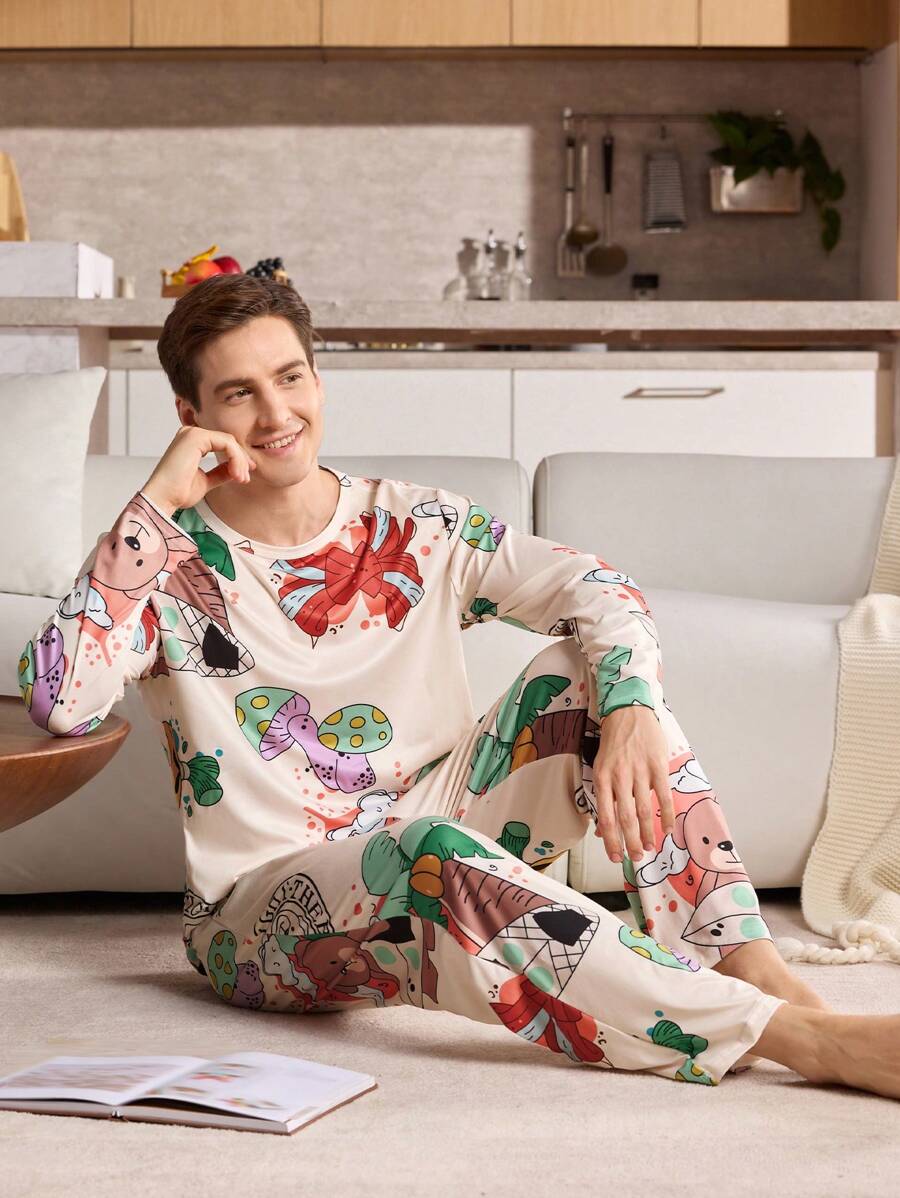 2 件套睡衣套装，圆领长袖上衣和长裤