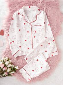 2 piezas Conjunto de pijama elegante con estampado de letras y corazones de satén suave y cómodo para niña preadolescente, pantalón largo y manga larga