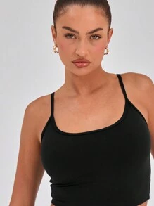 Musera Sport Slinky Spaghetti Strap Active-Wear Crop Cami Top Only ,Padel, Tennis, Pickleball Gym Fitness Fall Winter - Black - View 3