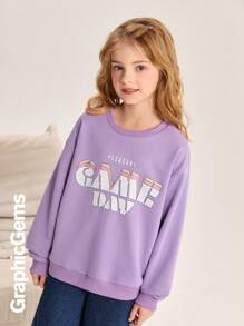 Tween Girl Letter Printed Round Neck Long Sleeve Casual Sweatshirt - Purple - View 7