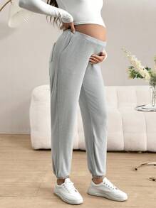 SHEIN Quần dài đơn giản bỏ túi màu trơn cho bà bầu, mặc thường ngày - Xám - Xem 5