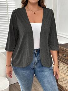 EMERY ROSE Plus Size Vacation Outfits Woman Women Cardigans Solid Color Asymmetric Hem Casual Resort CostumeJacket Winter Fall Autumn - Grey - View 3