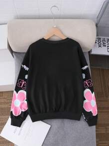 SHEIN Teen Girls Flower Graffiti Print Crew Neck Loose Fit Casual Sports Sweatshirt Pullover,In Fall/Winter - Black - View 2