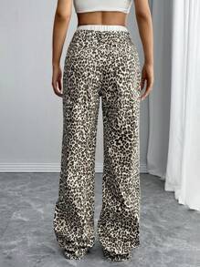 SHEIN SXY Women's Casual Leopard Patchwork Waist Wide Leg Loose Fit Low Waist Denim Jeans, Versatile Streetwear For All Seasons
