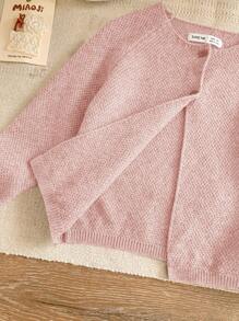 Blossori Young Girls French Elegant Grey Button Up Loose Long Sleeve Cardigan Sweater, Autumn/Winter - Pink - View 3