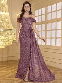 Strapless Back Cross-Tie Backless Design, Fishbone Slit Front, Lengthen Leg Line, High-End, Elegant Glittery Cocktail Dress Formal Evening Prom Wedding Guest Gown, For Graduation, Dinner Party Dress - Dusty Pink - View 1