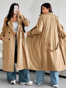 Vionelle Plus Size Fashionable Solid Color Loose Fit Trench Coat - Khaki - View 1
