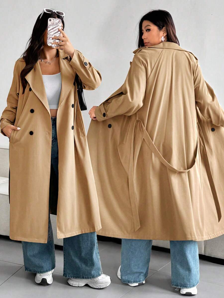 Vionelle Plus Size Fashionable Solid Color Loose Fit Trench Coat - Khaki - View 1
