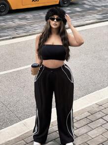 Flirla Pantalones deportivos casuales de talla grande para mujer con cordón y contraste de color