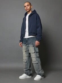 SUMWON Oversized Utility Cargo Denim Jeans Multi Pocket Design Light Wash Streetwear Wide Leg Loose Fit Y2K Fashion Pants Skater Style Urban Casual Bottoms - Blue - View 3