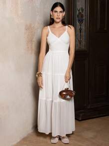 VERO DIAZ 设计师优雅白色雪纺蕾丝边吊带层长款太阳裙、假日、春夏、节日、婚礼、舞会礼服 - 白色 - 查看 6