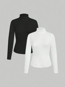 Dziewczyny Tween Slim Fit Casual Proste Wygodne Kołnierzyk Lejkowy Długi Rękaw Uniwersalne Miękkie Wielopak T-shirtów