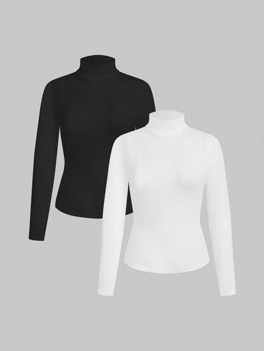 Dziewczyny Tween Slim Fit Casual Proste Wygodne Kołnierzyk Lejkowy Długi Rękaw Uniwersalne Miękkie Wielopak T-shirtów