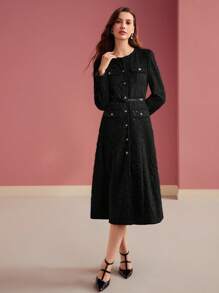 MOTF PREMIUM BUTTON FRONT THIGH SLIT MIDI DRESS, WOMEN OUTFIT - Black - View 4