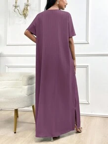 Al Najma Women's Elegant Solid Color Notched Neck Maxi Arabian Dress - Dusty Purple - View 2