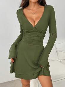 SHEIN EZwear New Arrival Autumn Olive Green V-Neck Waist Cinched Long Sleeve Women Dress - Army Green - View 3